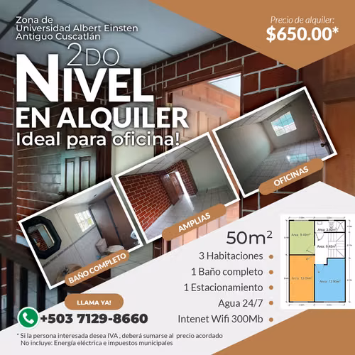 ¡Se alquila segundo nivel para oficinas o negocio!