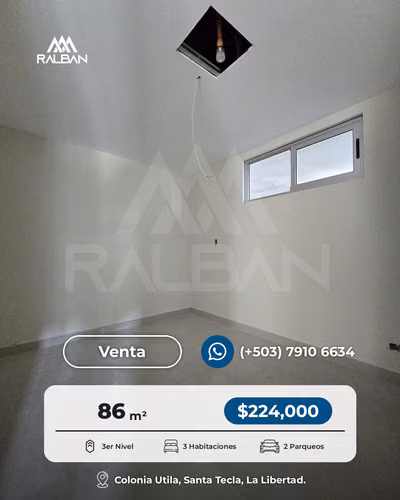 Apartamento NUEVO en Venta, pronta entrega, Colonia Utila, Santa Tecla