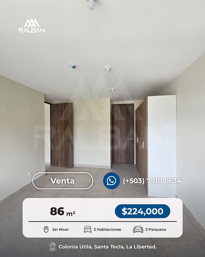 Apartamento NUEVO en Venta, pronta entrega, Colonia Utila, Santa Tecla