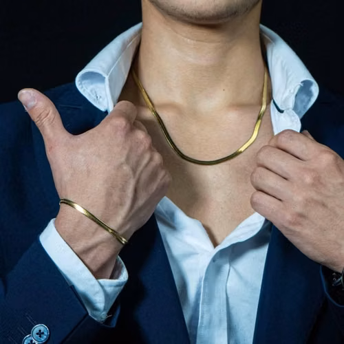18K Collar de Cadena Plana de Espiga (Herringbone) Enchape Italiano - Imagen 2