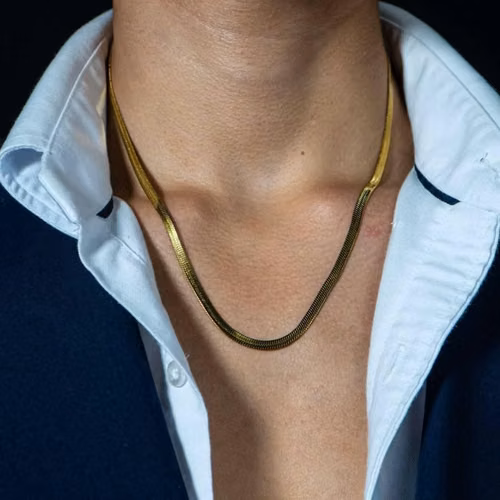 18K Collar de Cadena Plana de Espiga (Herringbone) Enchape Italiano - Imagen 5