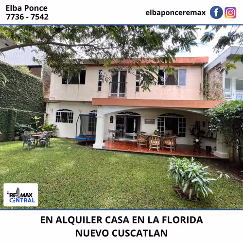 CASA EN ALQUILER EN RESIDENCIAL LA FLORIDA, NUEVO CUSCATLAN