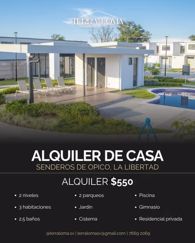  Casa en Alquiler – Senderos de Opico, La Libertad