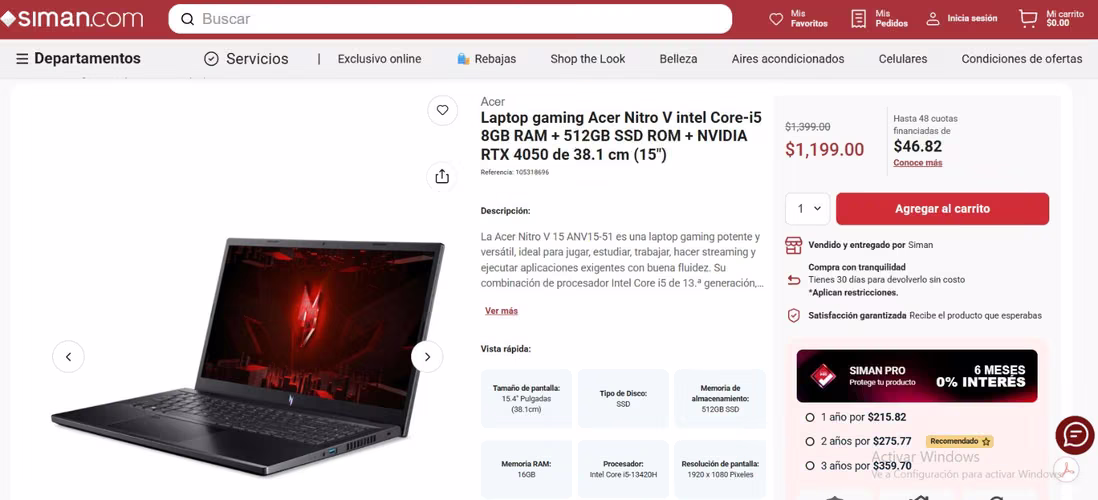 Laptop gaming acer nitro 5 ,16ram 4gb video