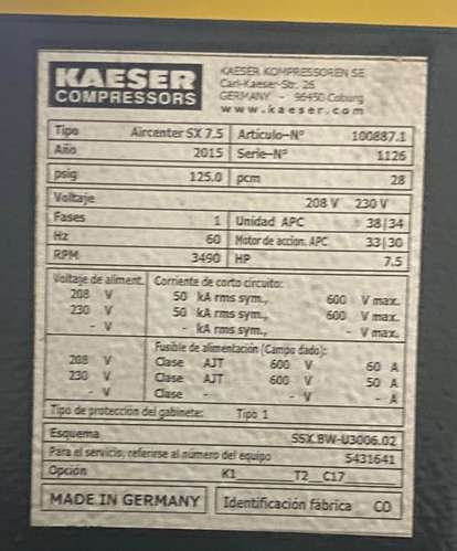 COMPRESOR KAESER 7.5 HP/220 V/ AIRCENTER