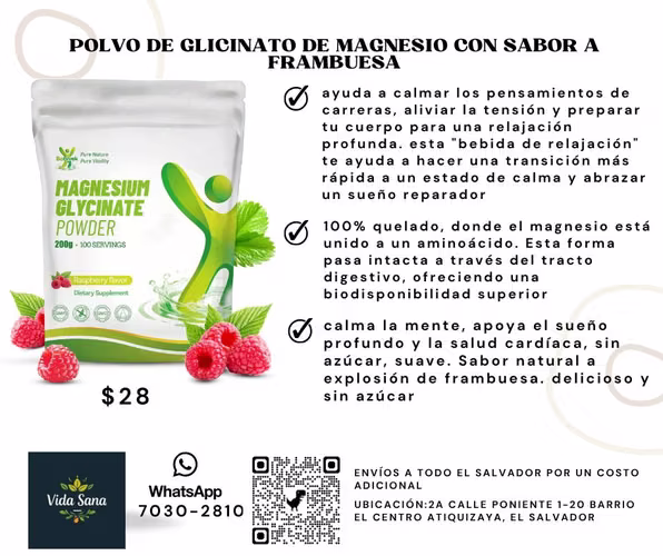 Polvo de glicinato de magnesio con sabor a frambuesa