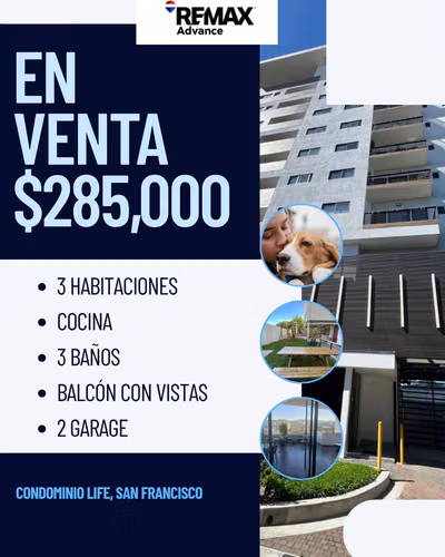 VENTA APTO. $285K  TORRE LIFE COLONIA SAN FRANCISCO /EL SALVADOR