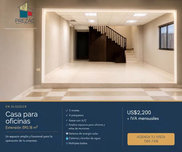 Casa en alquiler, 390 m², 2 niveles, 4 parqueos, energía solar