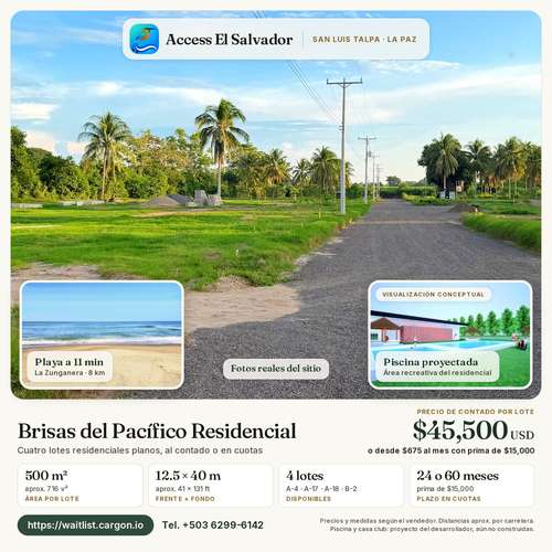  ¡LOTES RESIDENCIALES CON FINANCIAMIENTO! Residencial Brisas del Pacifico!  San Luis Talpa, La Paz - Imagen 1