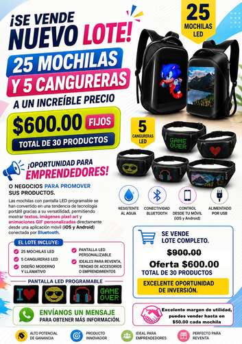 LOTE DE MOCHILAS Y CANGURERAS CON PANTALLAS LED
