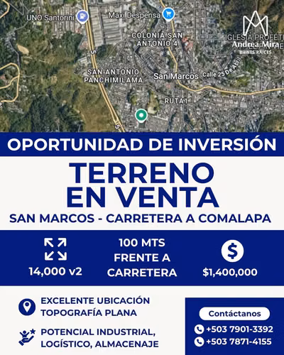 Terreno En Venta - San Marcos - Sobre Carretera a Comalapa