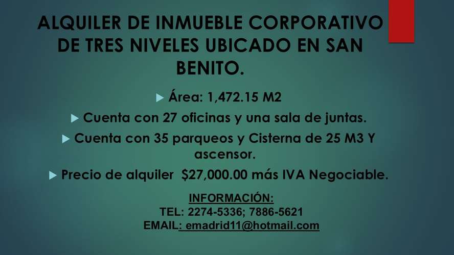 ALQUILER DE INMUEBLE CORPORATIVO DE TRES NIVELES UBICADO EN SAN BENITO. - Imagen 6